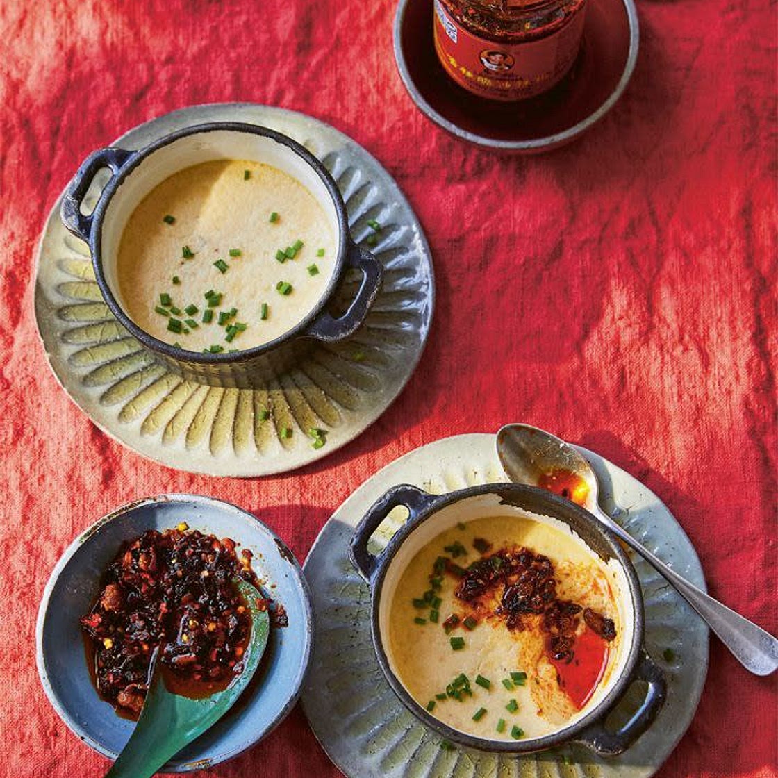 steamed egg custArd with crispy chilli oil