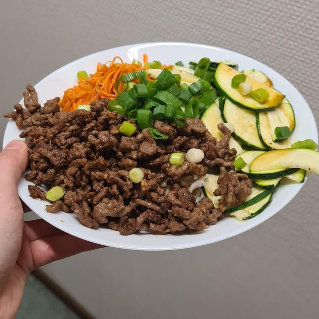 Korean Beef Bibimbap with Zucchini, Mushrooms, and Carrot
