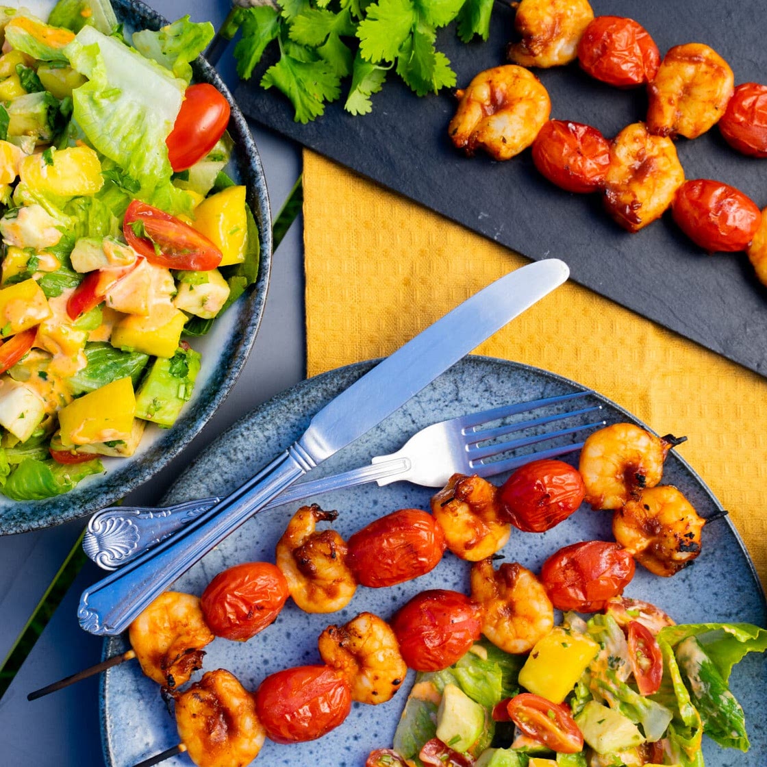 Sticky BBQ Prawns, Mango and Avocado Salad by Pureety