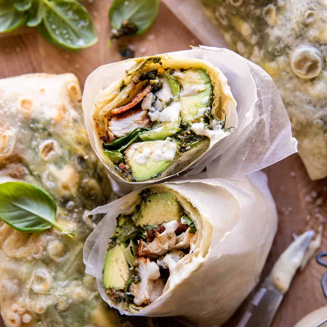 Pesto Chicken and Avocado Bacon Salad Wraps