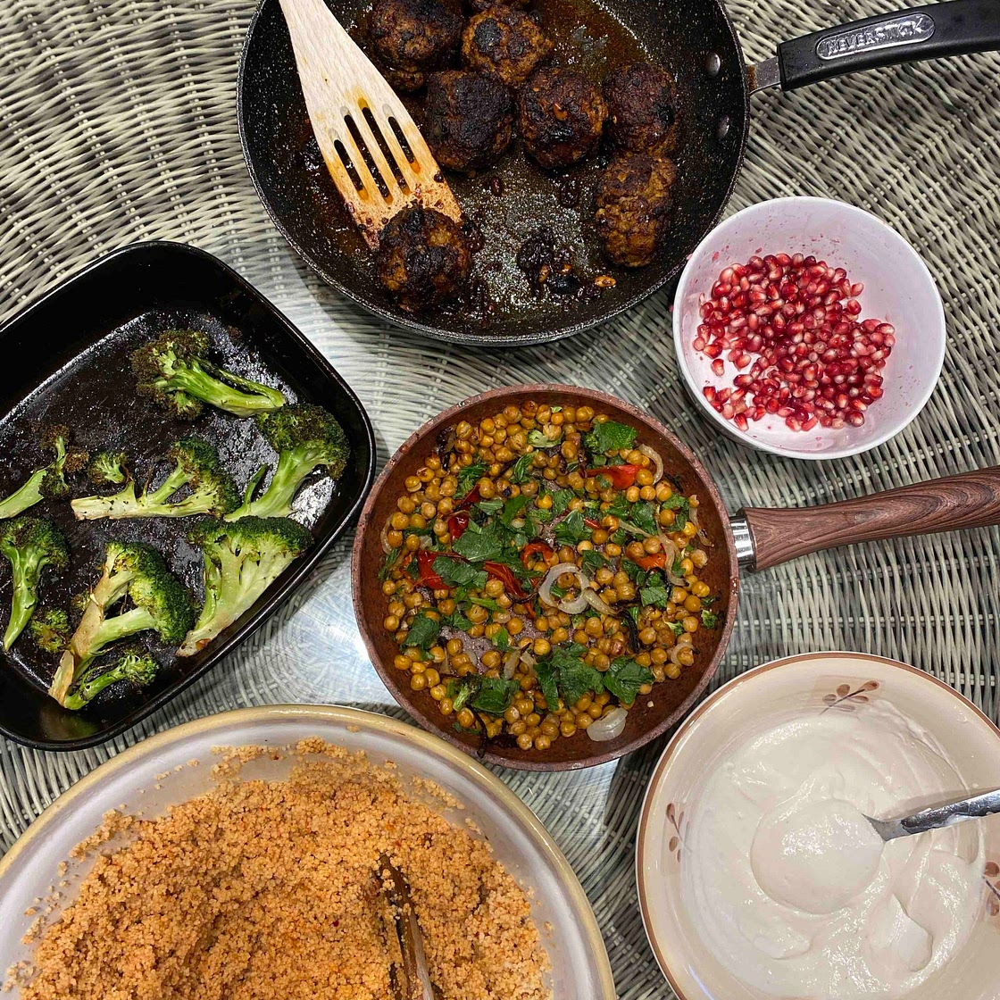 Lamb meatballs with crispy chilli chickpeas, mint and tahini