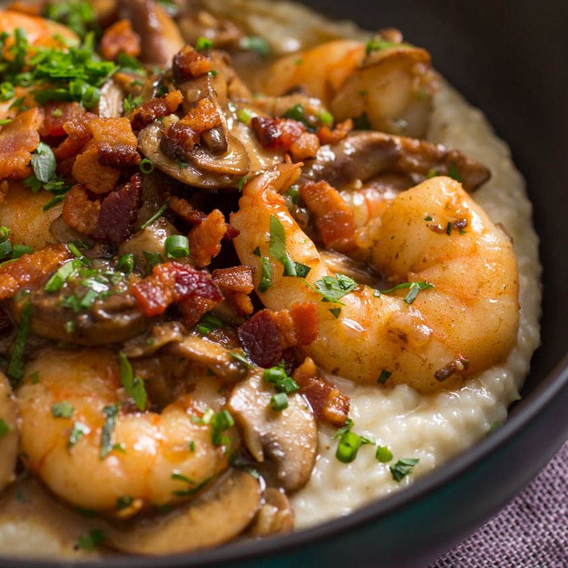 Shrimp and Gruyère Cheese Grits With Bacon and Mushrooms Recipe