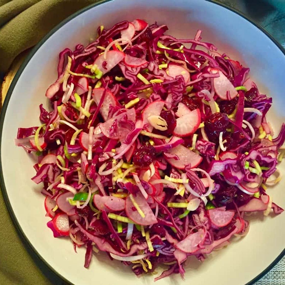 Red cabbage slaw with zingy winter dressing
