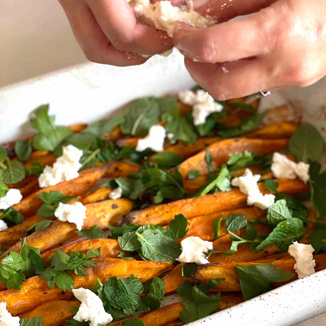 Sweet Potato Wedges w/ Almond Chilli Dukkah, Goats Cheese & Herb