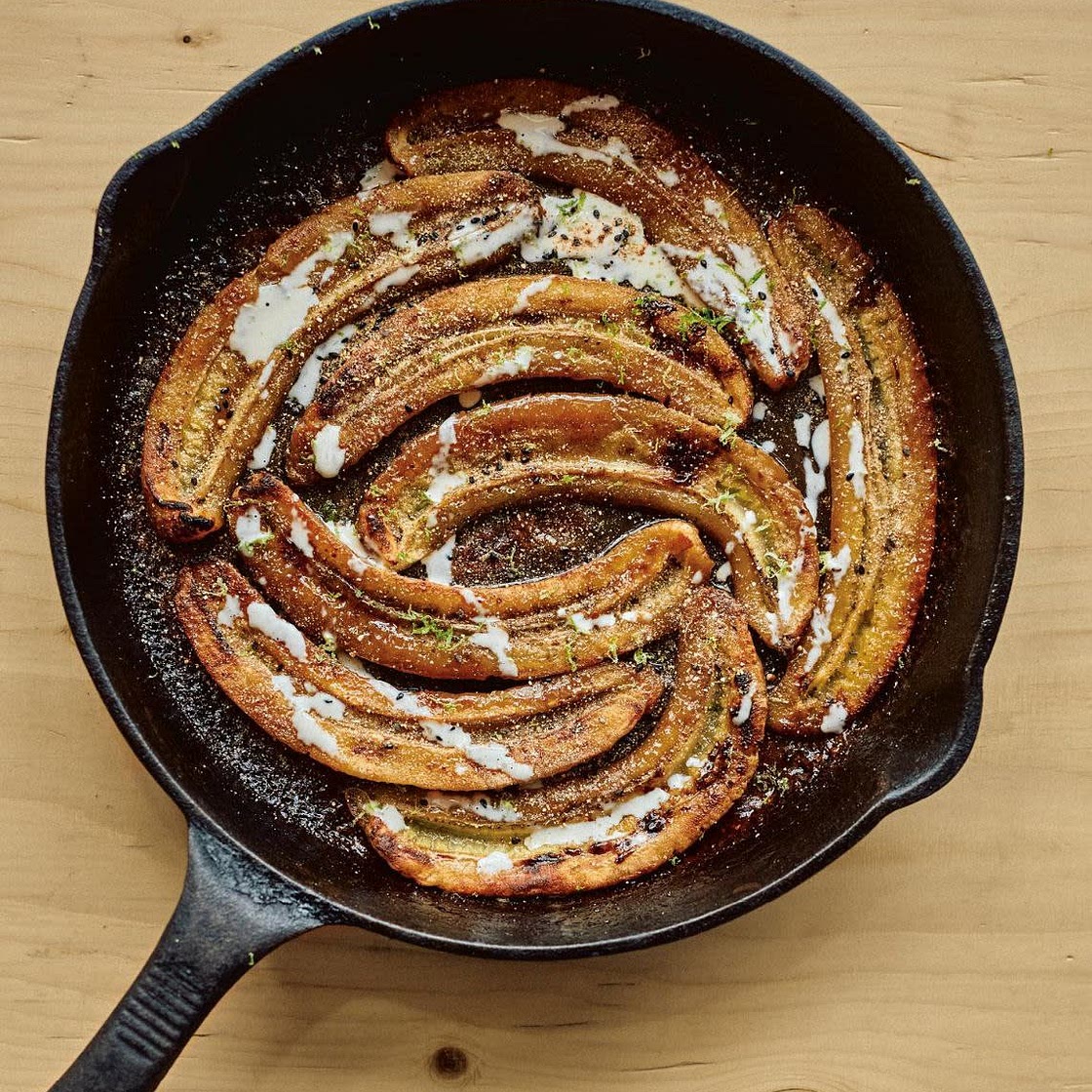 Sticky miso bananas with lime and toasted rice