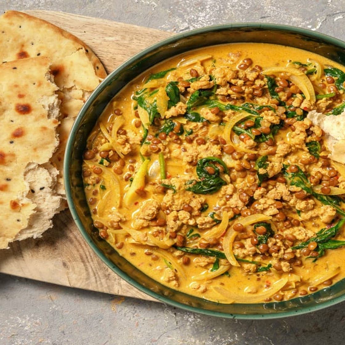 Pork and Lentil Curry with Spinach and Naan Bread