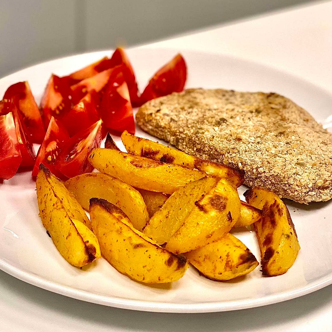 Sesame-Crusted Seitan with Potato Wedges