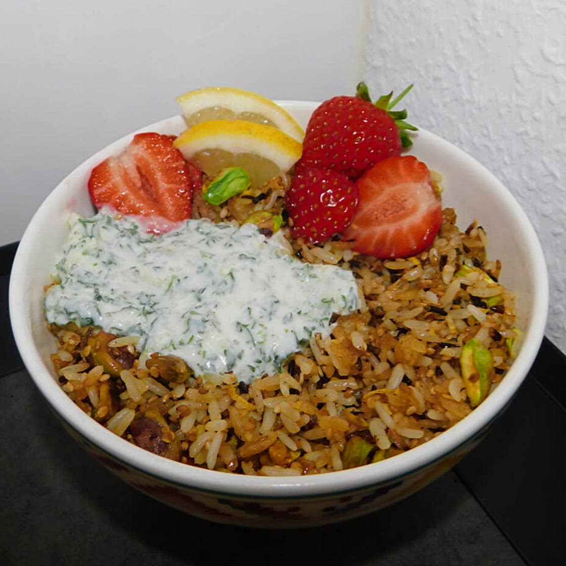Crispy lemon rice with sesame and pistachios