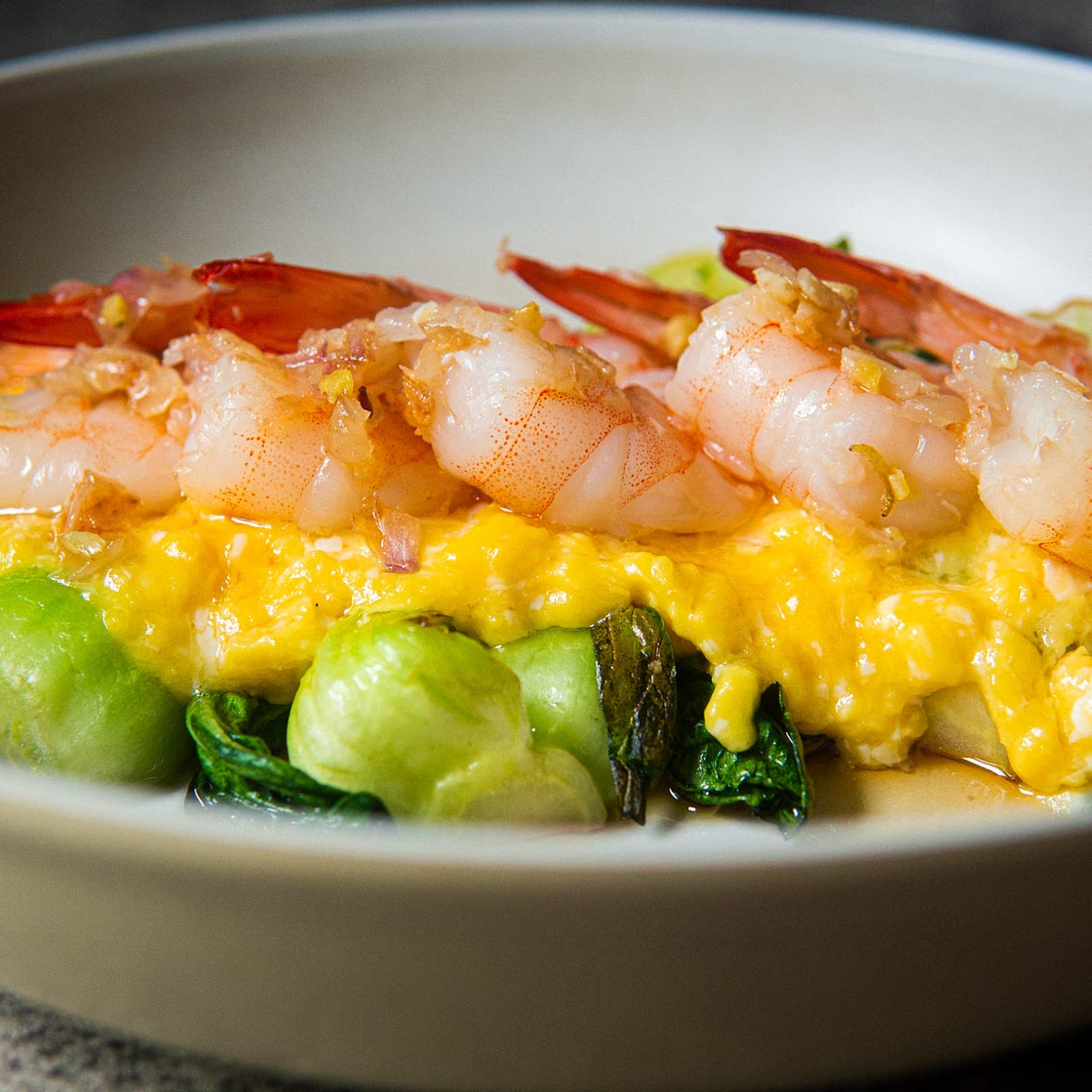 Charred Baby Bok Choy with Shrimp and Eggs 