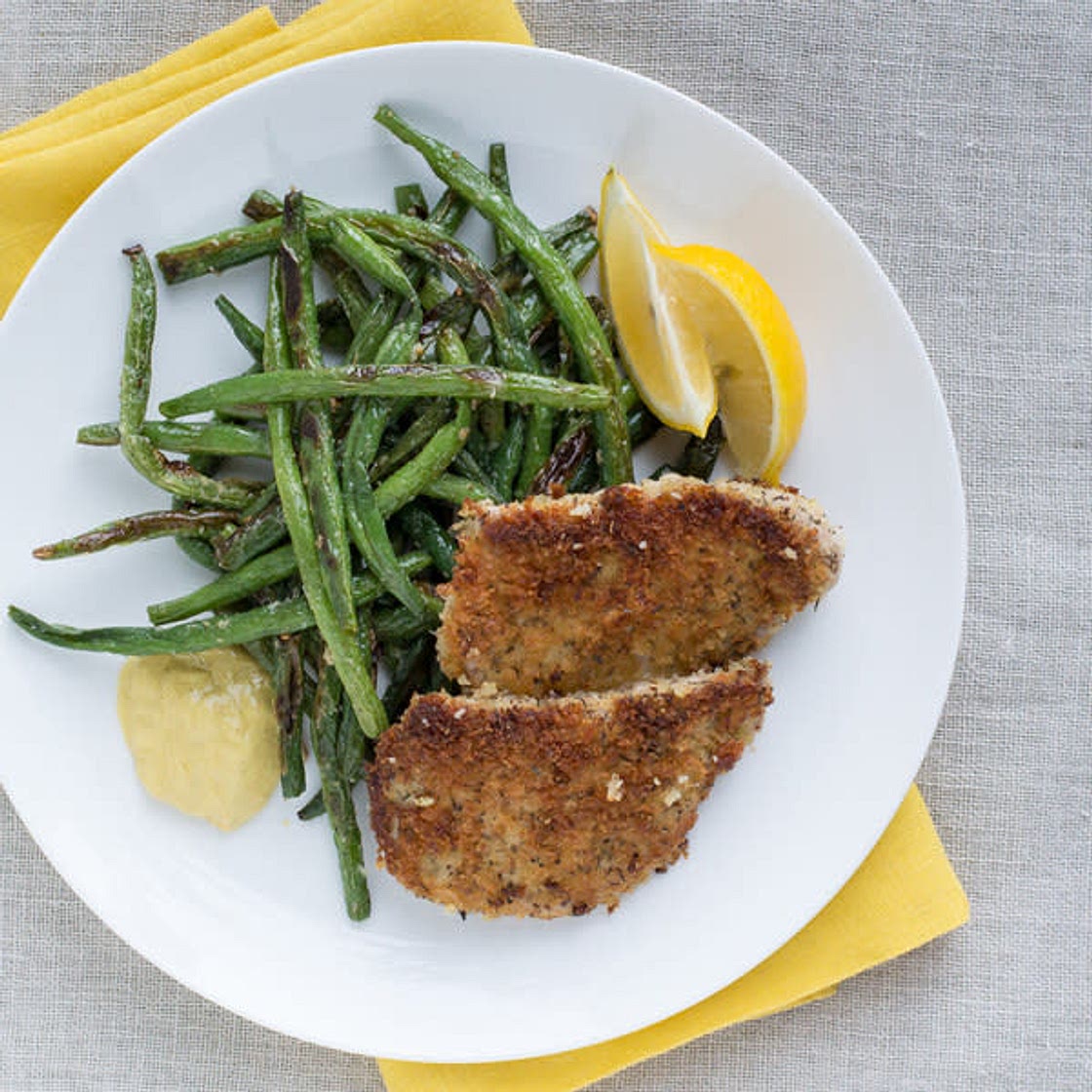 Mustard Pork Schnitzel with Roasted Parmesan Green Beans