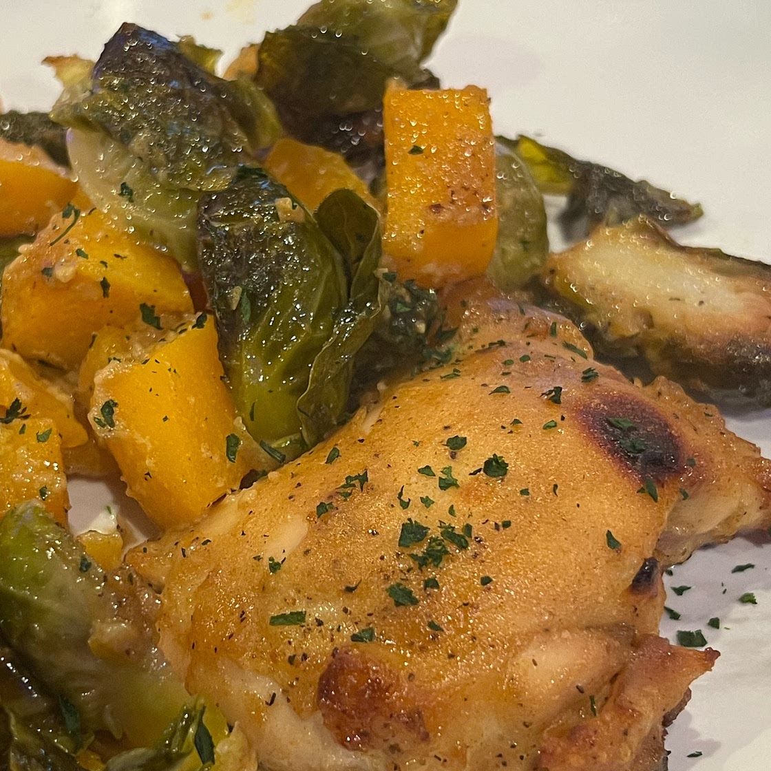 Sheet Pan Maple-Dijon Chicken with Roasted Butternut Squash and Brussels Sprouts