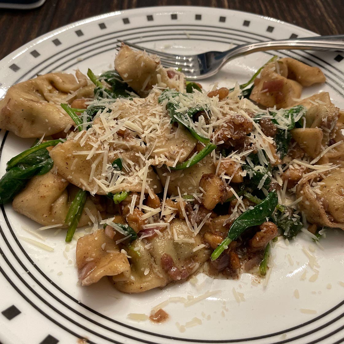 Balsamic Brown Butter Tortellini with Spinach and Hazelnuts