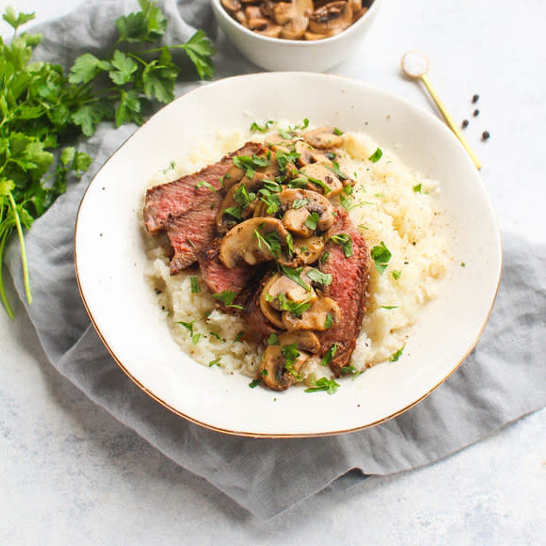 New York Strip Steak with Mushroom Sauce & Cauliflower Puree