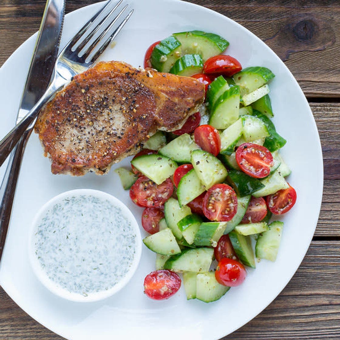 Pan-Fried Pork Chops with Yogurt Sauce & Tomato-Cucumber Salad