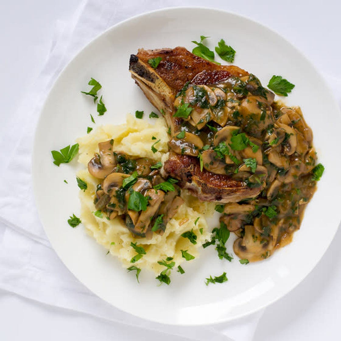 Pan-Fried Pork Chops with Mushroom Gravy & Mashed Potatoes