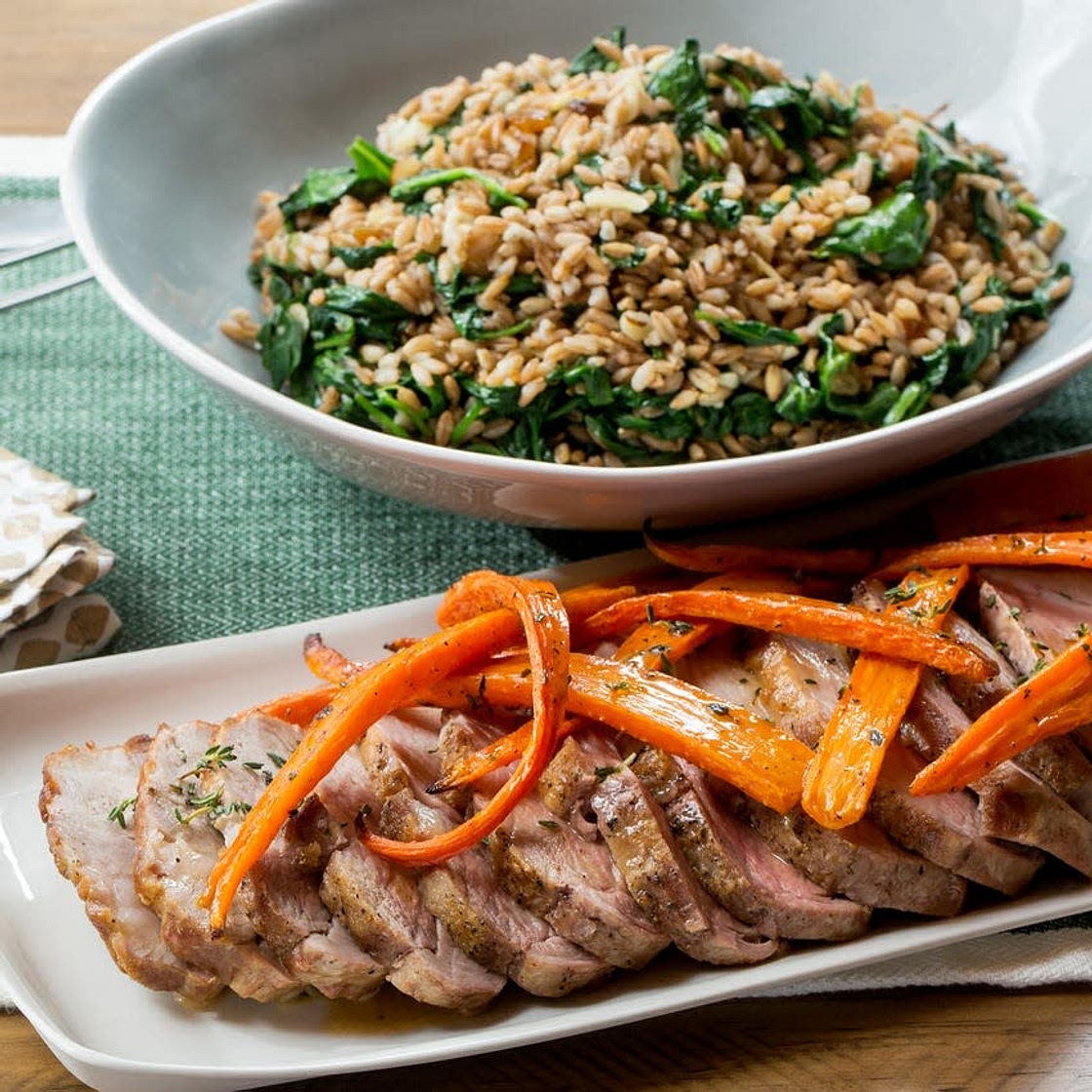 Roasted Pork & Spinach-Farro Salad
with Thyme-Roasted Carrots