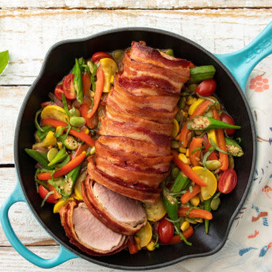 Bacon Pork Tenderloin with Succotash