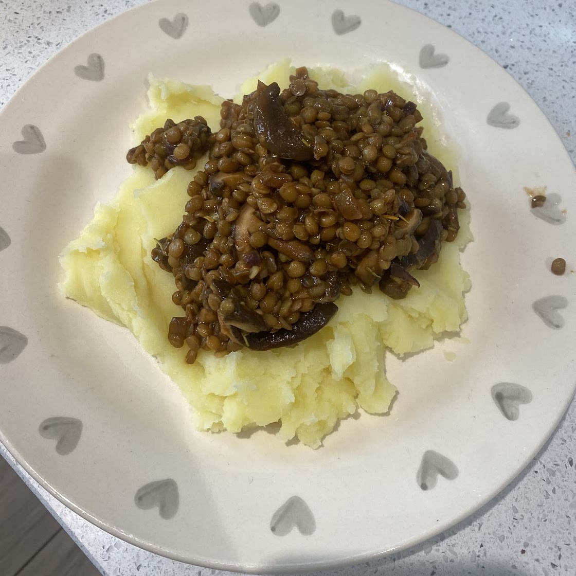 Lentil Mushroom Stew over Mashed Potatoes