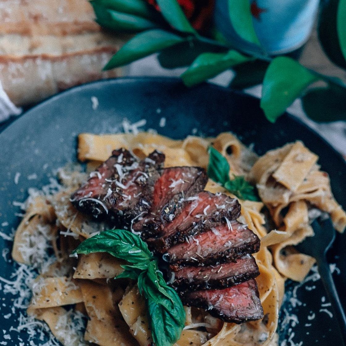 GOAT CHEESE, MUSHROOM & CARAMELIZED ONION PAPPARDELLE WITH FILET MIGNON
