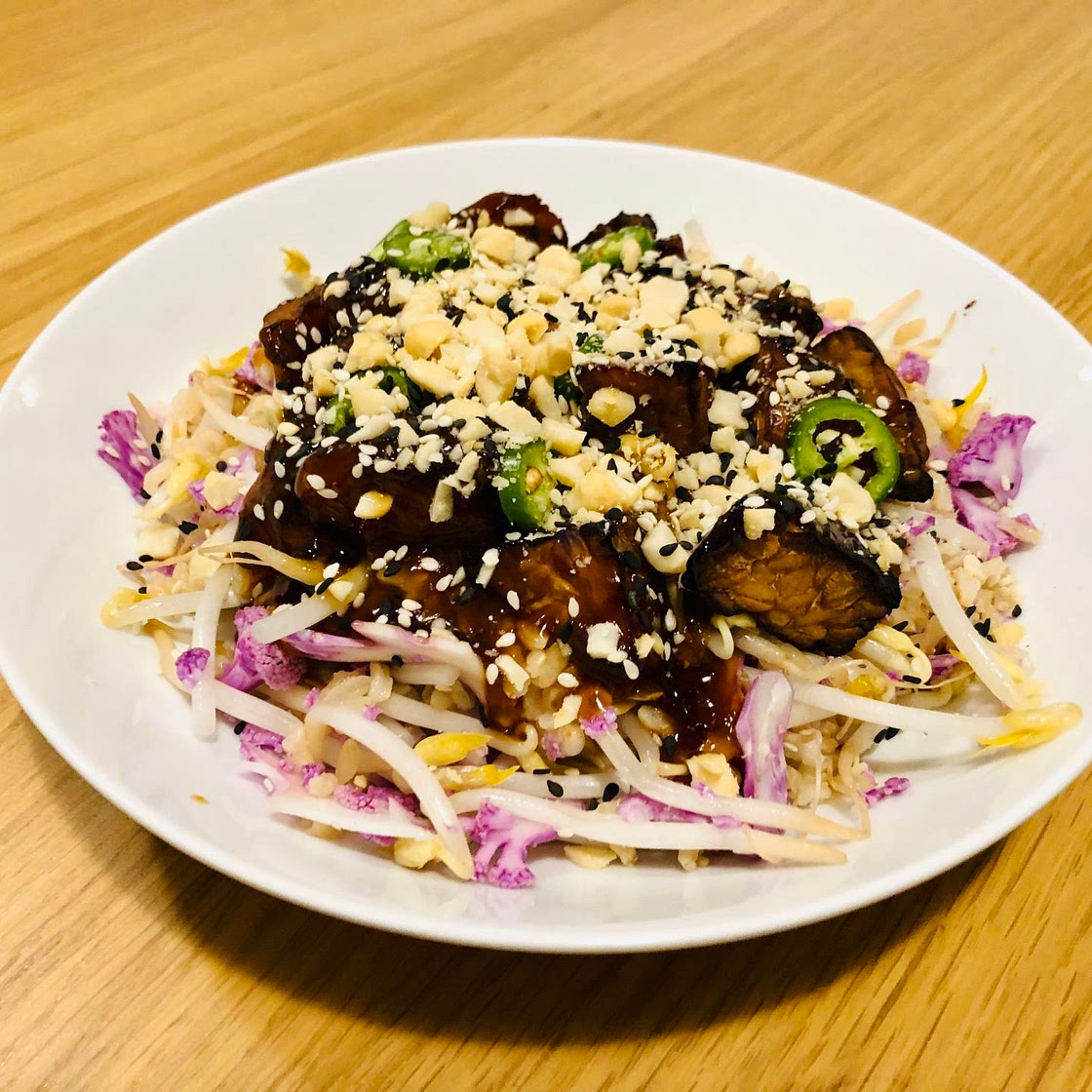 24. Tempeh Cauliflower Rice Salad with Polynesian-inspired glaze