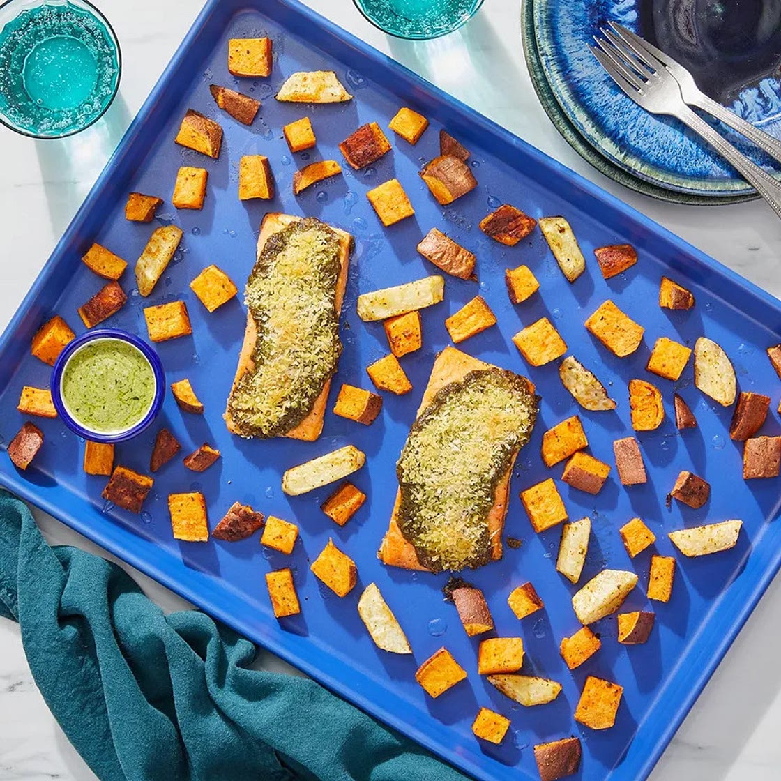 Sheet Pan Pesto Trout with Roasted Vegetables