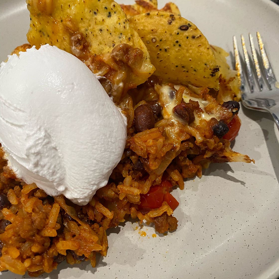 Vegan Tinga Tortilla Rice Bake
