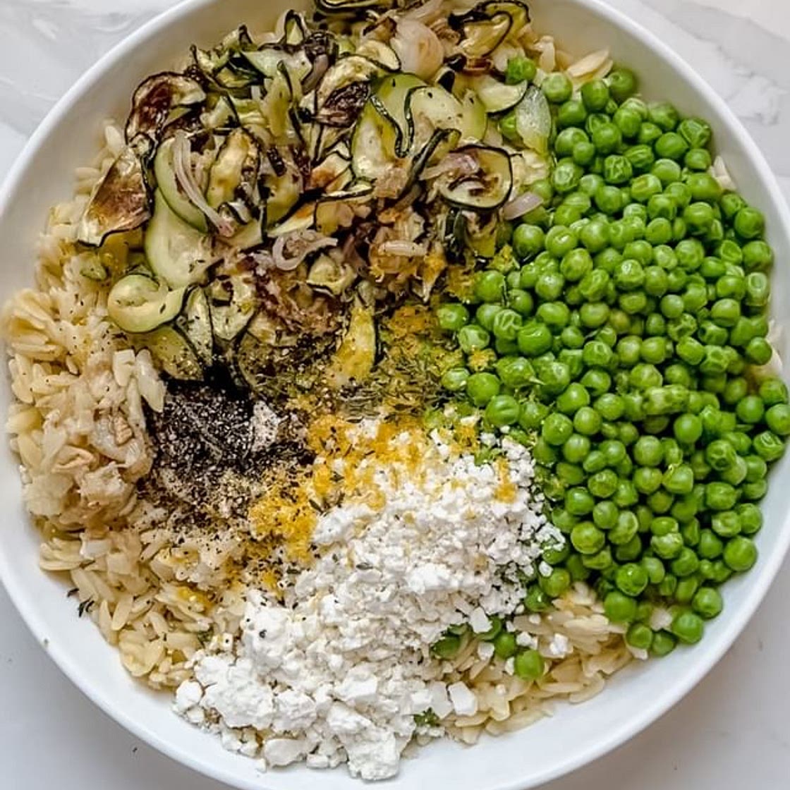 Zucchini, Pea & Goat Cheese Orzo Salad