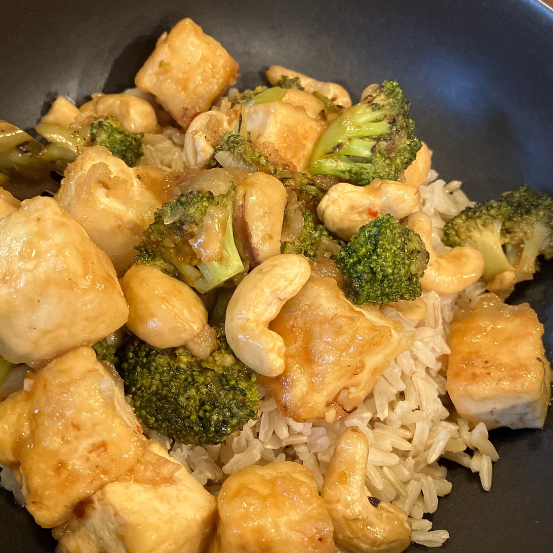 Cashew Tofu with broccoli and sweet chili-teriyaki sauce