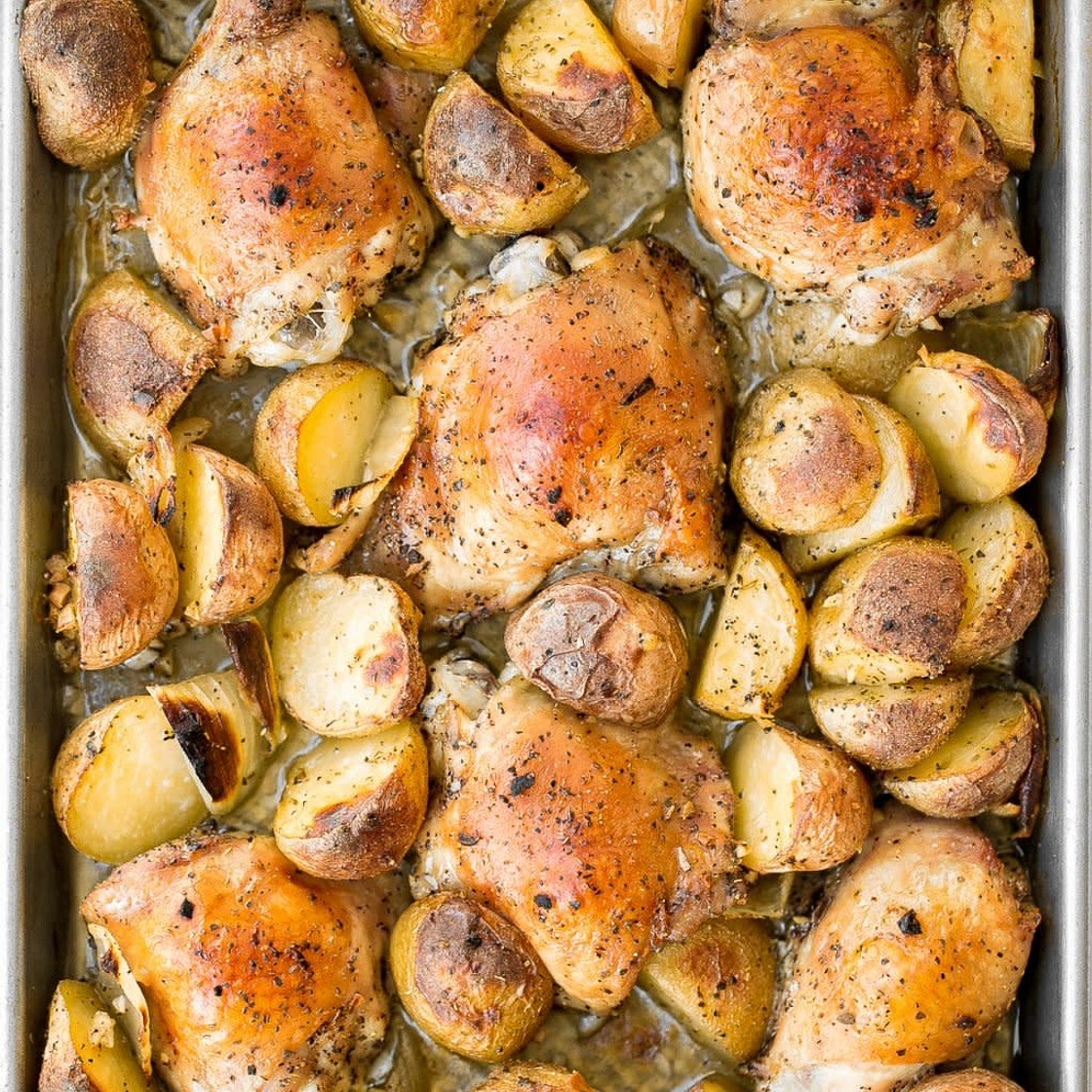 Roast chicken thighs with shmaltzy potatoes