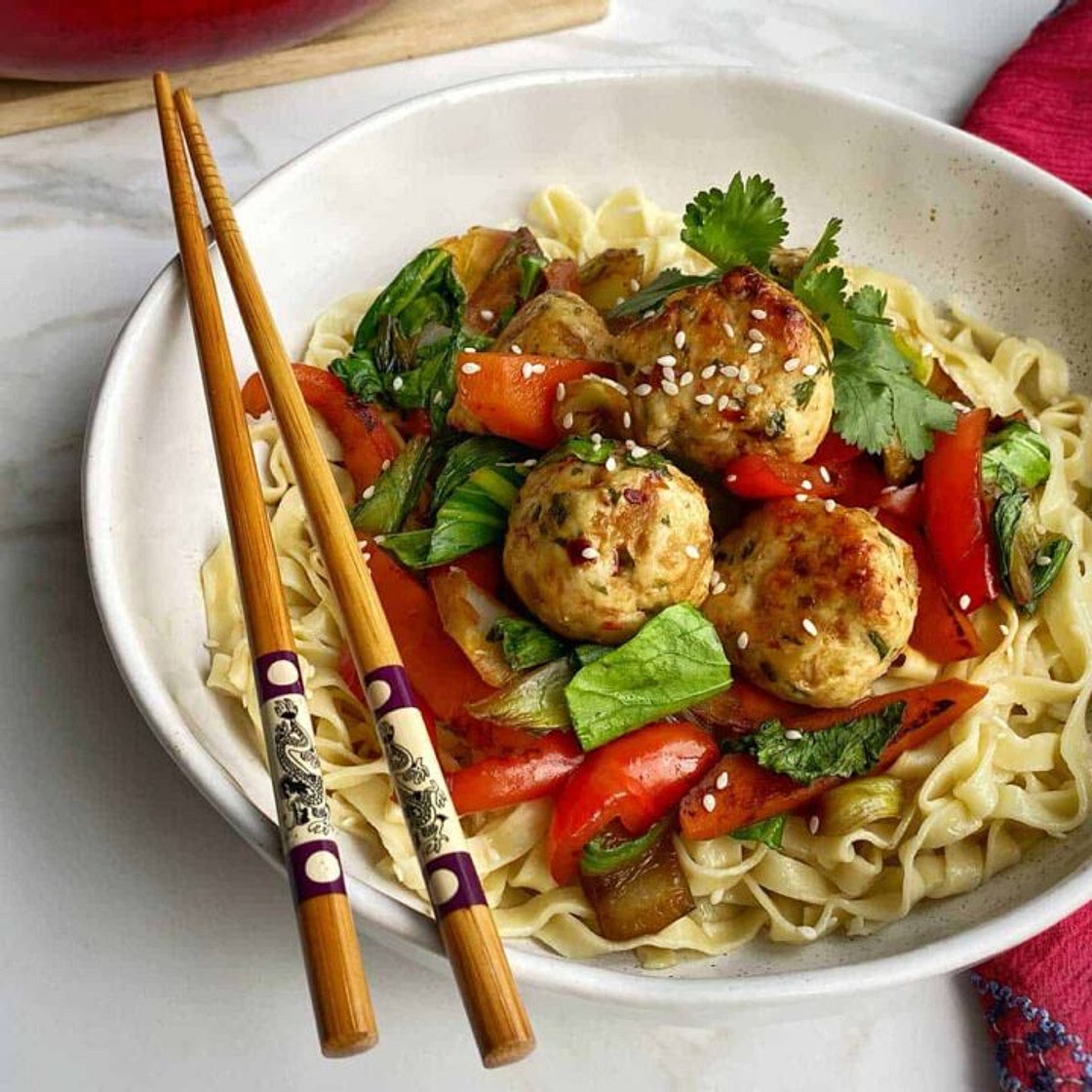 Chicken Meatballs on Noodles