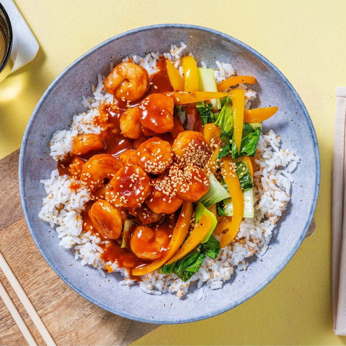 Gochujang Sugar-Glazed Shrimp with Seasoned Rice