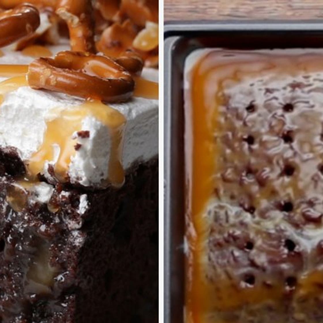 Chocolate Pretzel Poke Cake