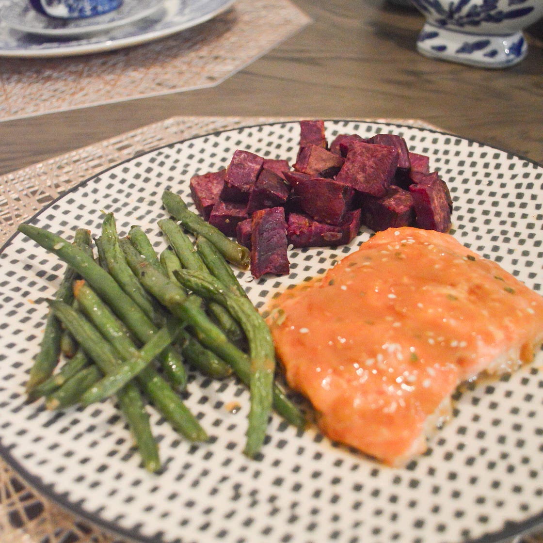 Miso Salmon with Roasted Purple Sweet Potatoes & Green Beans