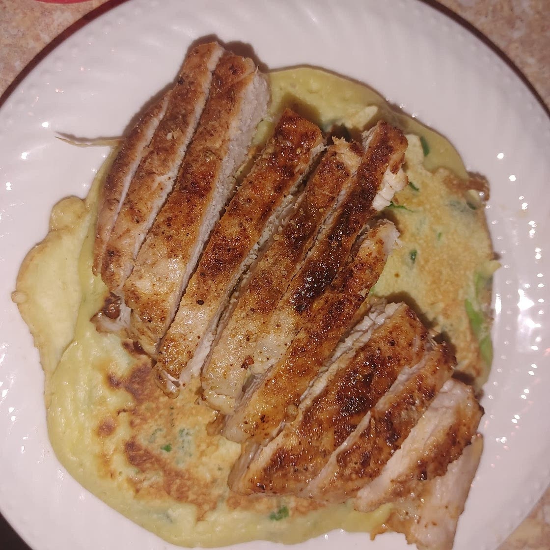 Chive pancakes topped with BBQ pork