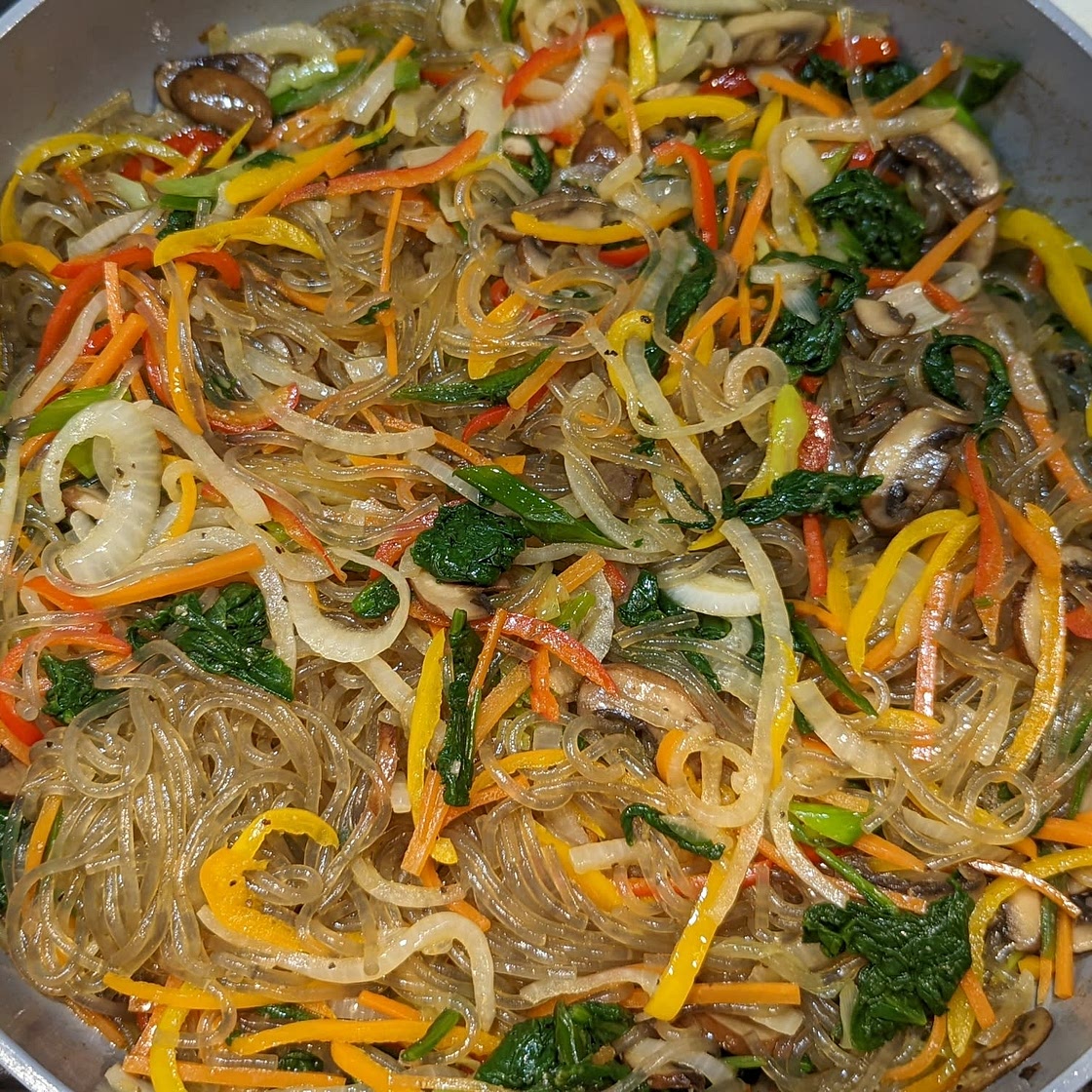 Japchae (Sweet potato starch noodles stir fried with vegetables)
