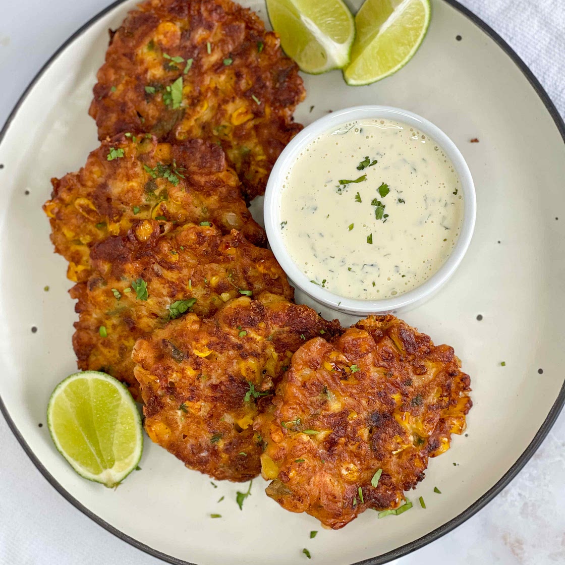 Corn fritters with a cilantro lime aioli
