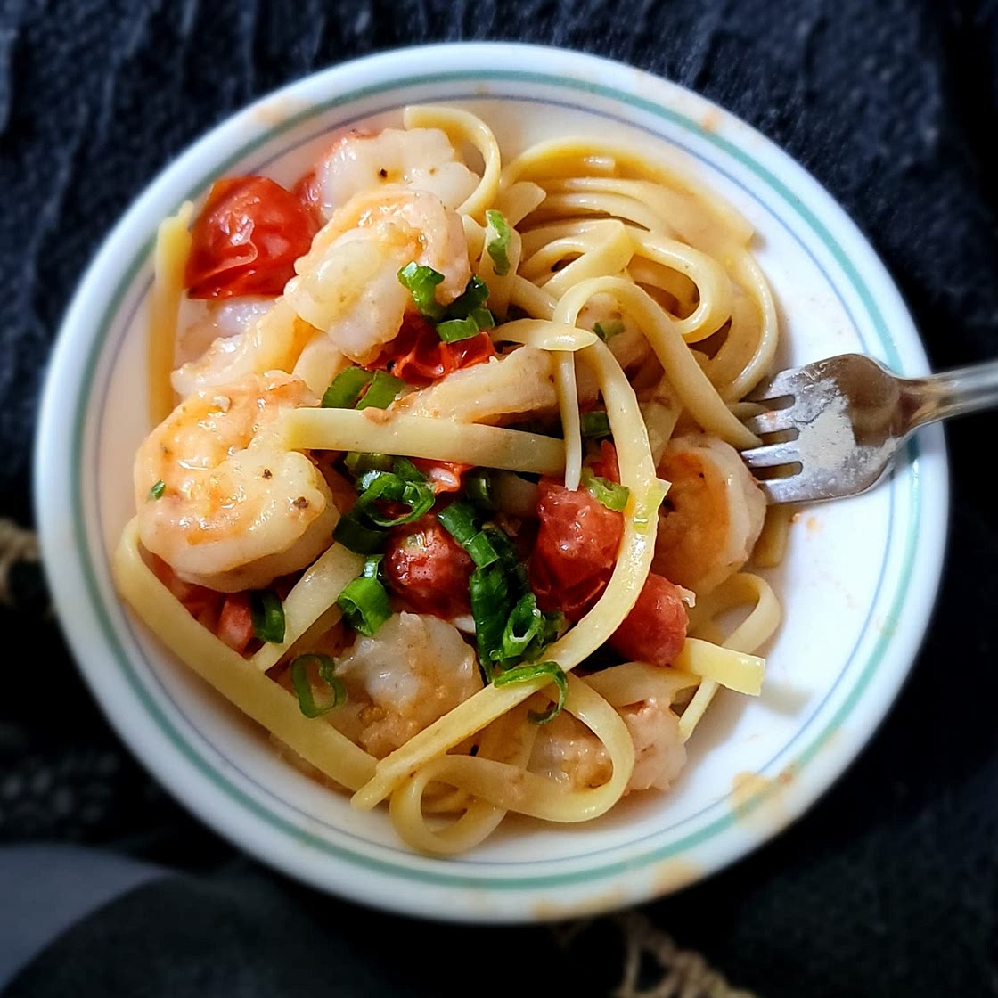 Creamy Shrimp Tagliatelle with Heirloom Tomatoes, Garlic, and Chili
