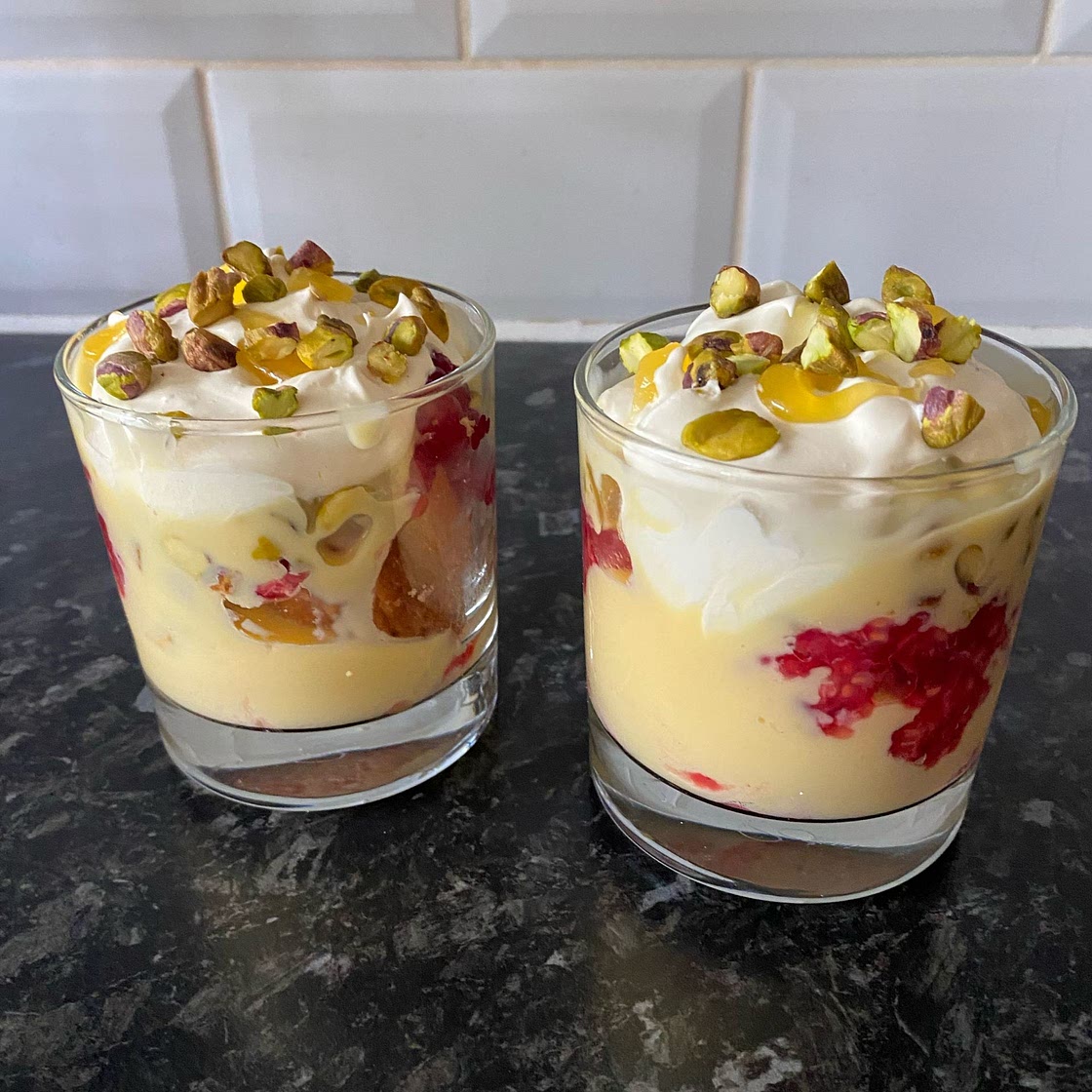 Raspberry, pistachio & lemon curd trifles