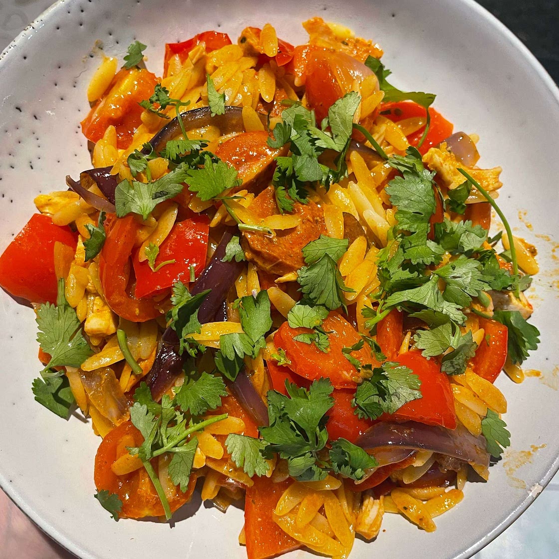 Roasted pepper and chorizo orzo salad
