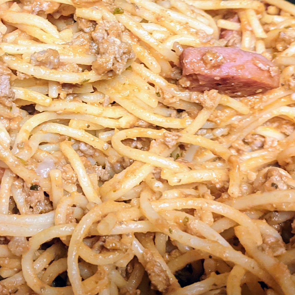 Spaghetti (beef and polish sausage) with Caesar salad