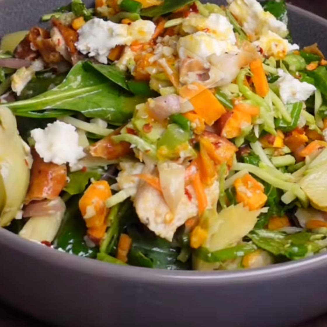 Sweet potato goat cheese with warm spicy olive oil dressing