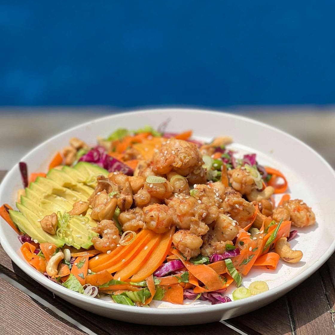 Peanut BBQ Slaw with Shrimp and Apricots