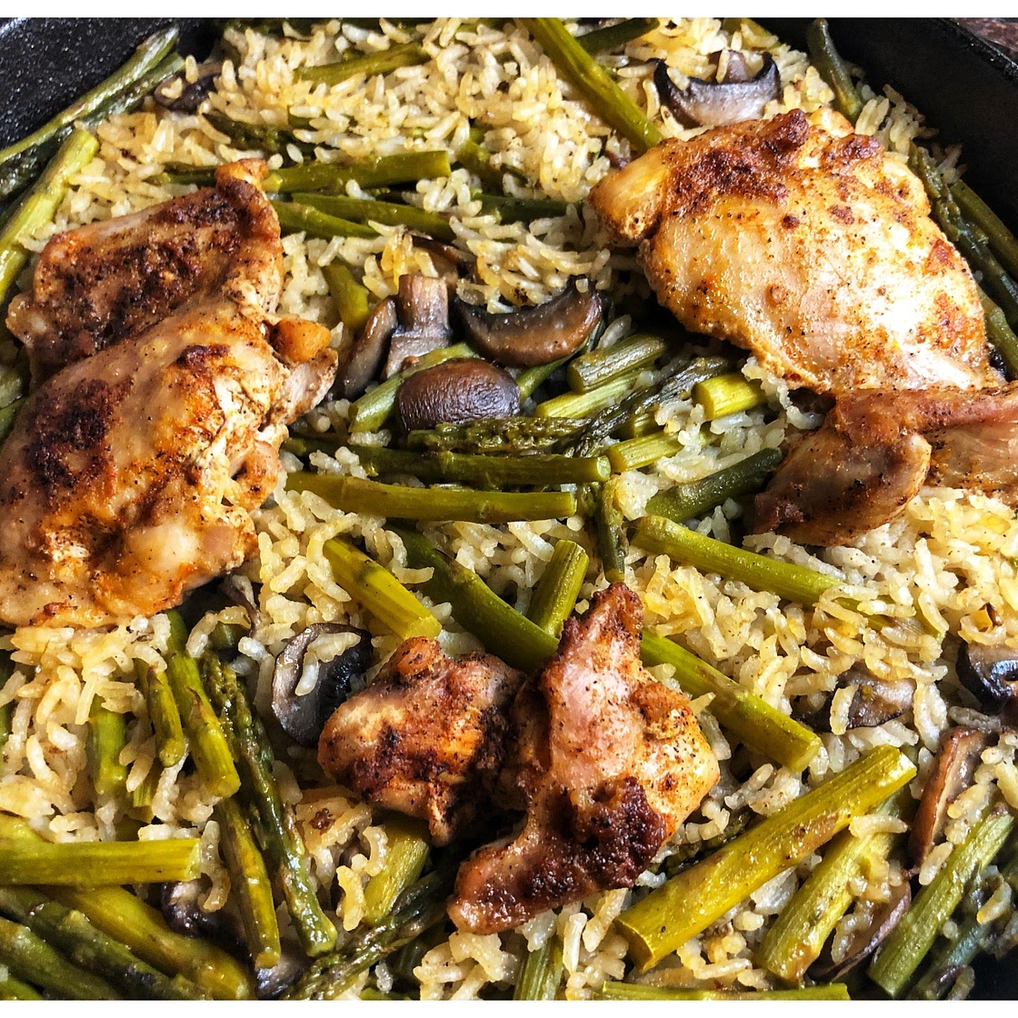 Chicken Thighs with Asparagus and Mushroom Rice