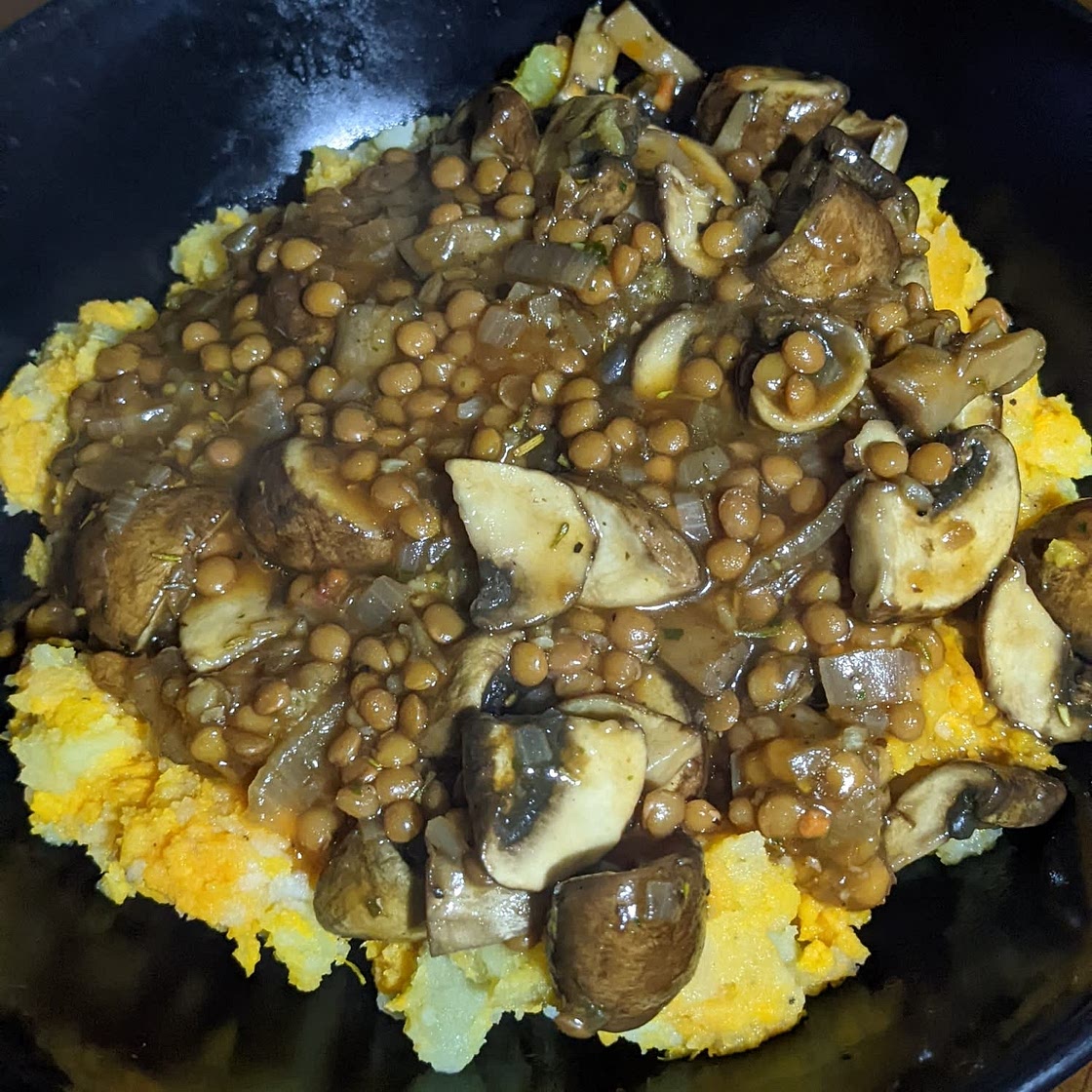 Lentil Mushroom Stew over Mashed Potatoes