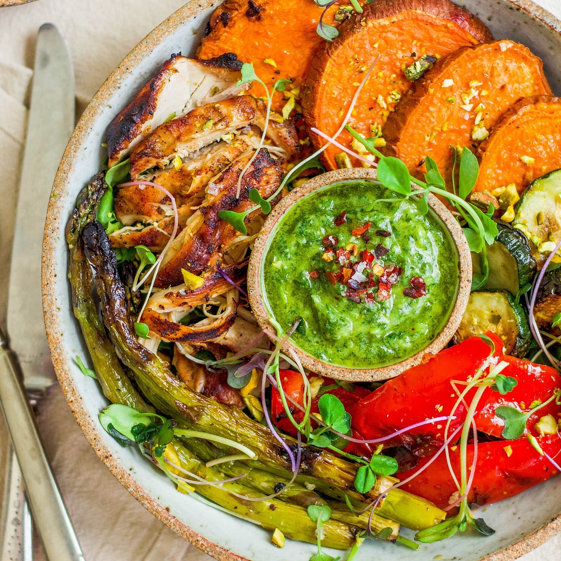 Healthy + Easy Grilled Chicken + Veggies w/ Chimichurri Sauce