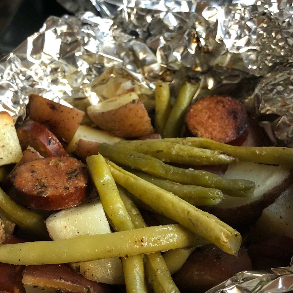 Green bean, Potato, and Sausage foil packet
