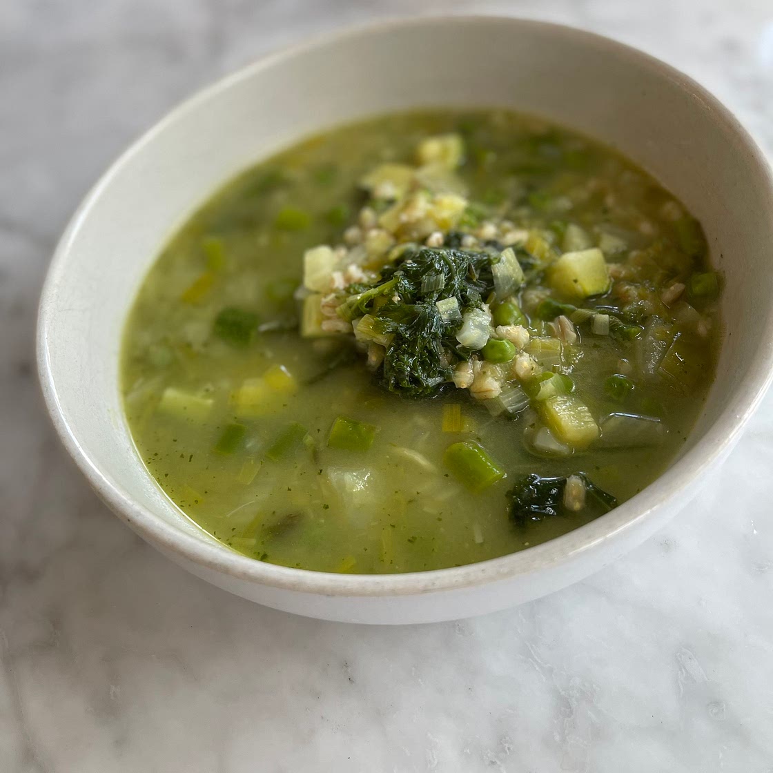 Spring Vegetable and Barley Soup with Pesto — NuCook