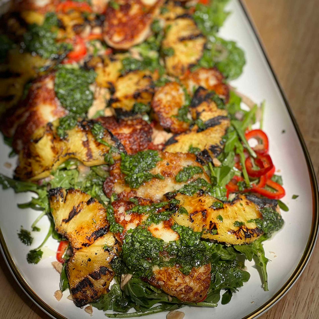 Grilled Pineapple + Halloumi Salad with Sweet Peppers and Herby 