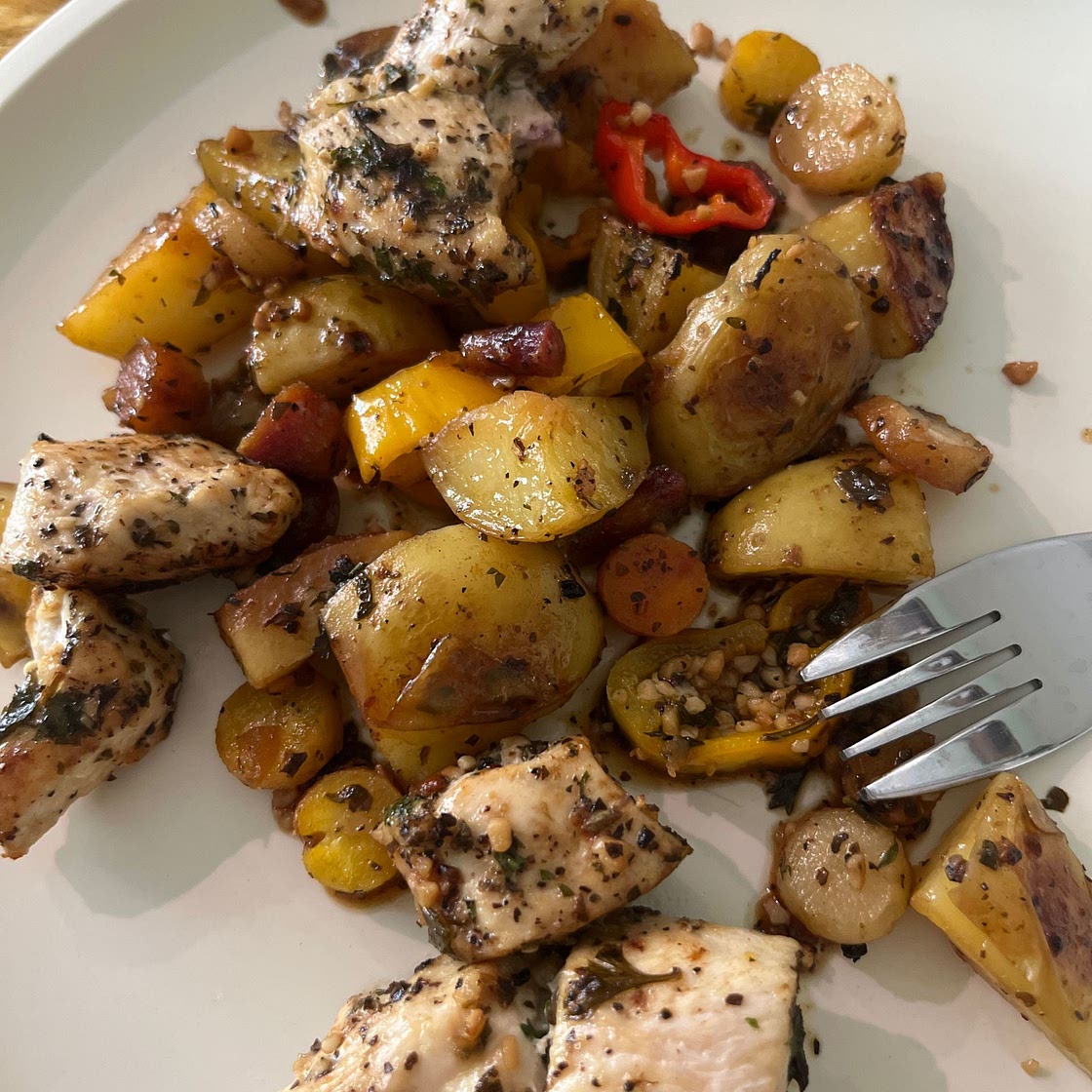 Garlic Herb Chicken and Sweet Potato Sheet Pan Meal Prep - Cafe Delites