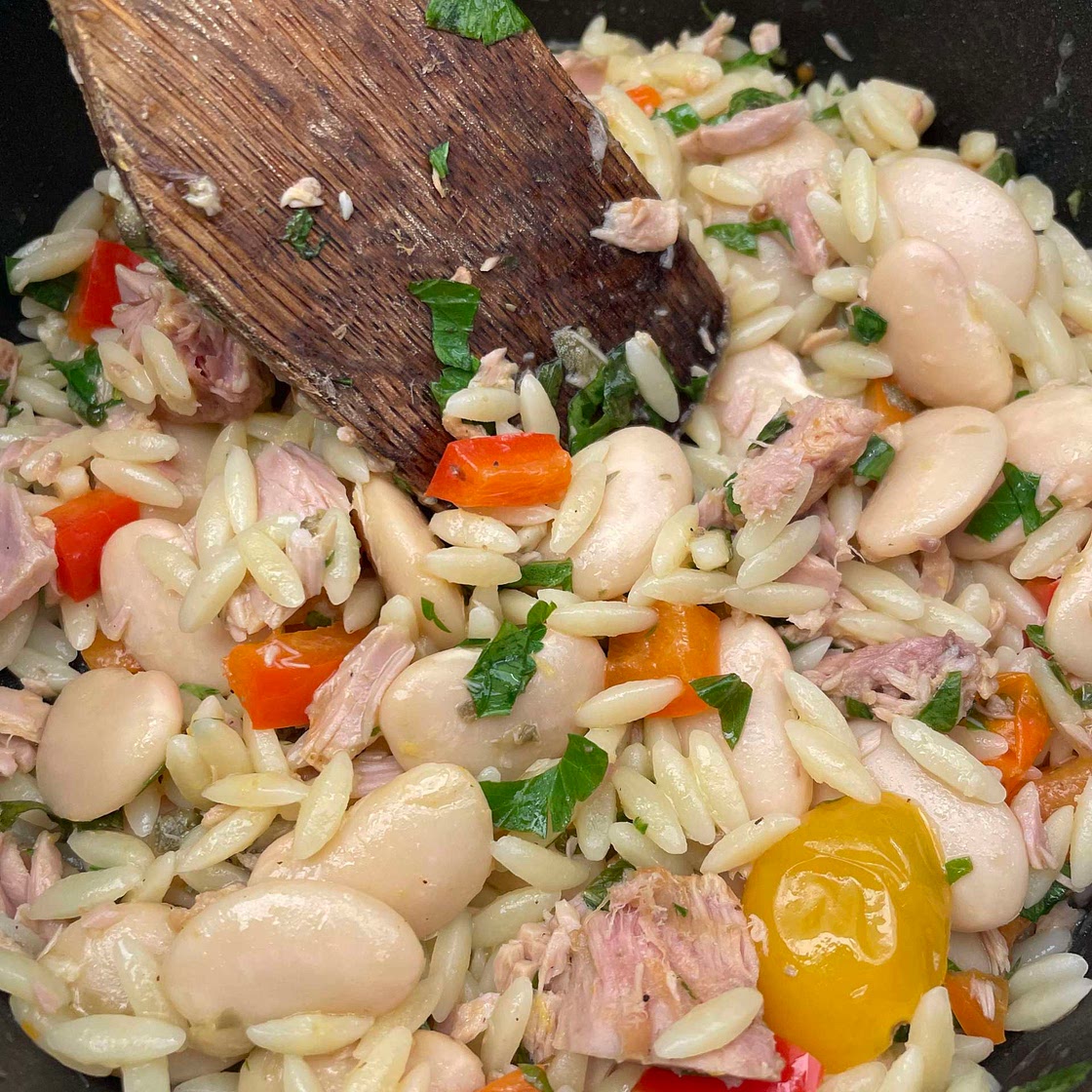 Warm tuna, bean and orzo salad